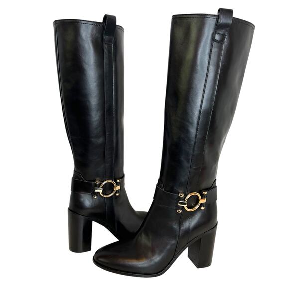 NAPOLEONI Italian Leather Boots Knee High Block Heel in Black Women's Size 9.5 - Picture 1 of 13